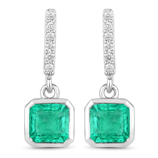 14K White Gold 1.48 Carat Emerald and White Diamond Earrings fine