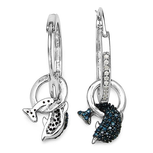 Diamond Sterling Silver 0.54 Carat Dolphin Dangle Earrings fine