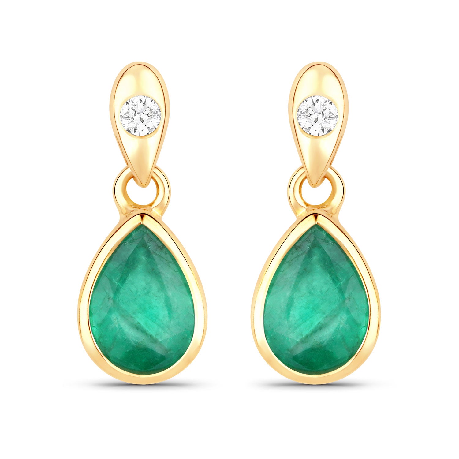 Zambian Emerald and White Diamond 10KT Yellow Gold Earrings