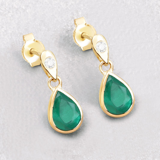 Zambian Emerald and White Diamond 10KT Yellow Gold Earrings