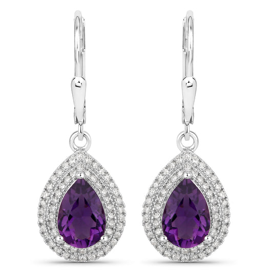 Amethyst White Diamond Sterling Silver Halo Earrings