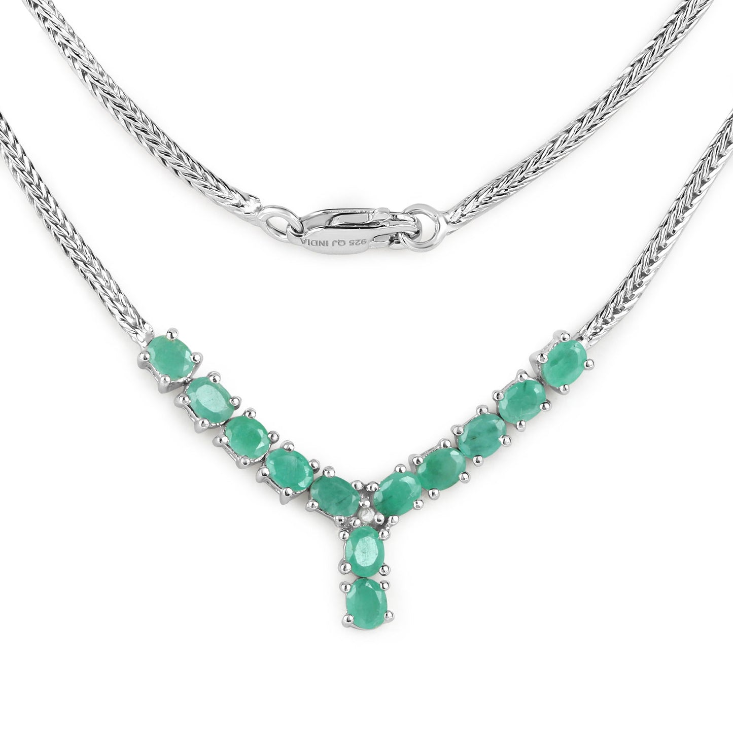 Sterling Silver 1.69 Carat Genuine Emerald and White Diamond Y Shape Necklace fine