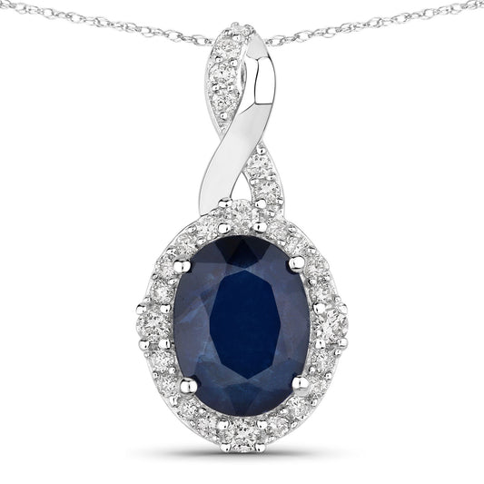 14KT White Gold Blue Sapphire White Diamond Pendant