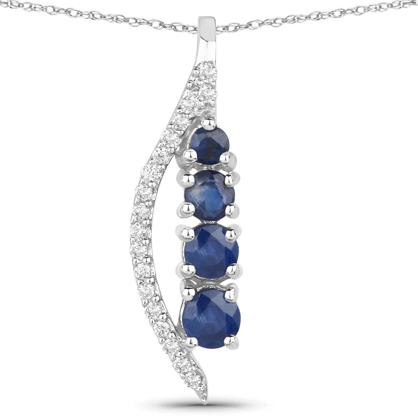 14K White Gold Blue Sapphire and White Diamond Pendant with Cable Chain fine
