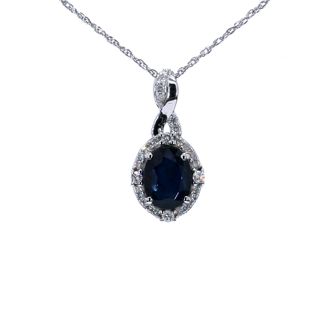 14KT White Gold Blue Sapphire White Diamond Pendant