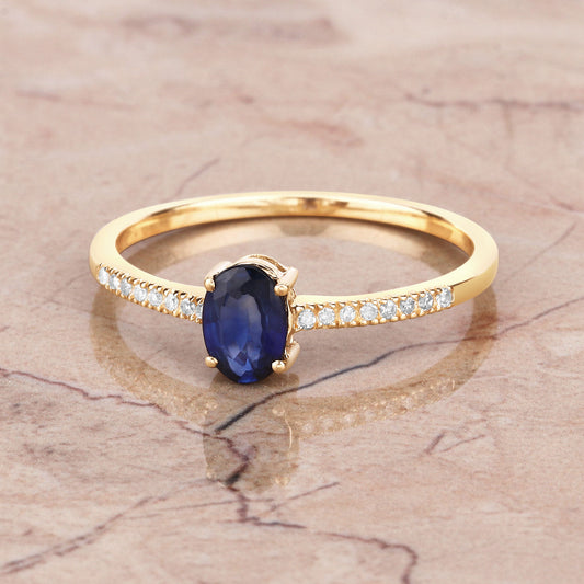Diamond and Blue Sapphire 14KT Yellow Gold Bridge Ring