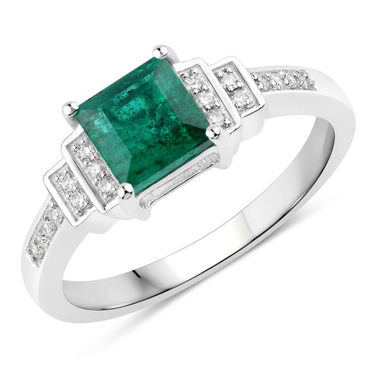 14K White Gold 1.09 Carat Zambian Emerald and White Diamond Bridge Ring fine
