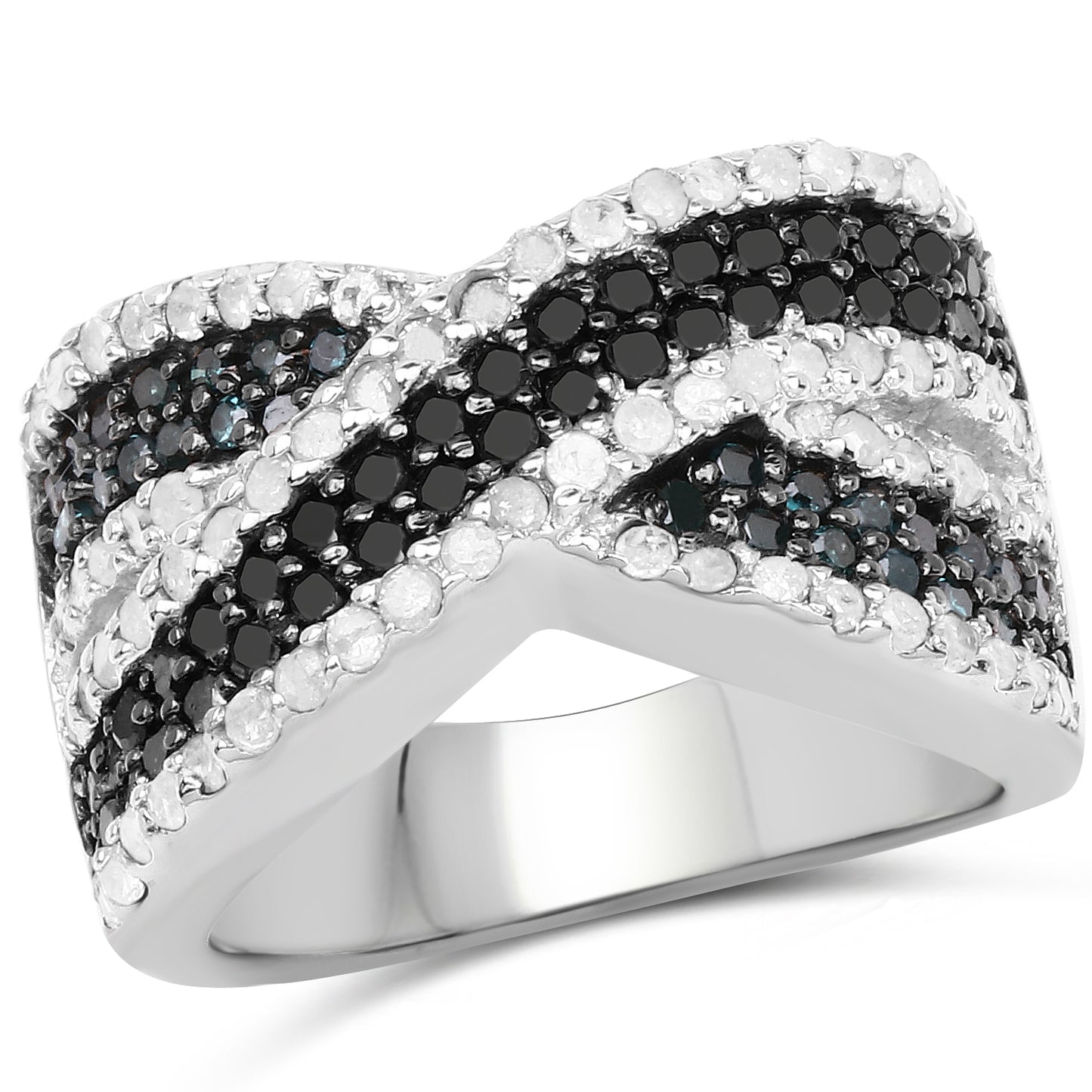 Sterling Silver 1.57 Carat Blue White and Black Diamond Crossover Ring fine