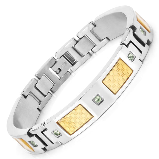Mens Titanium Gold Plated Steel Inlay 8.5 Inch Cuff Bracelet Green Sapphires