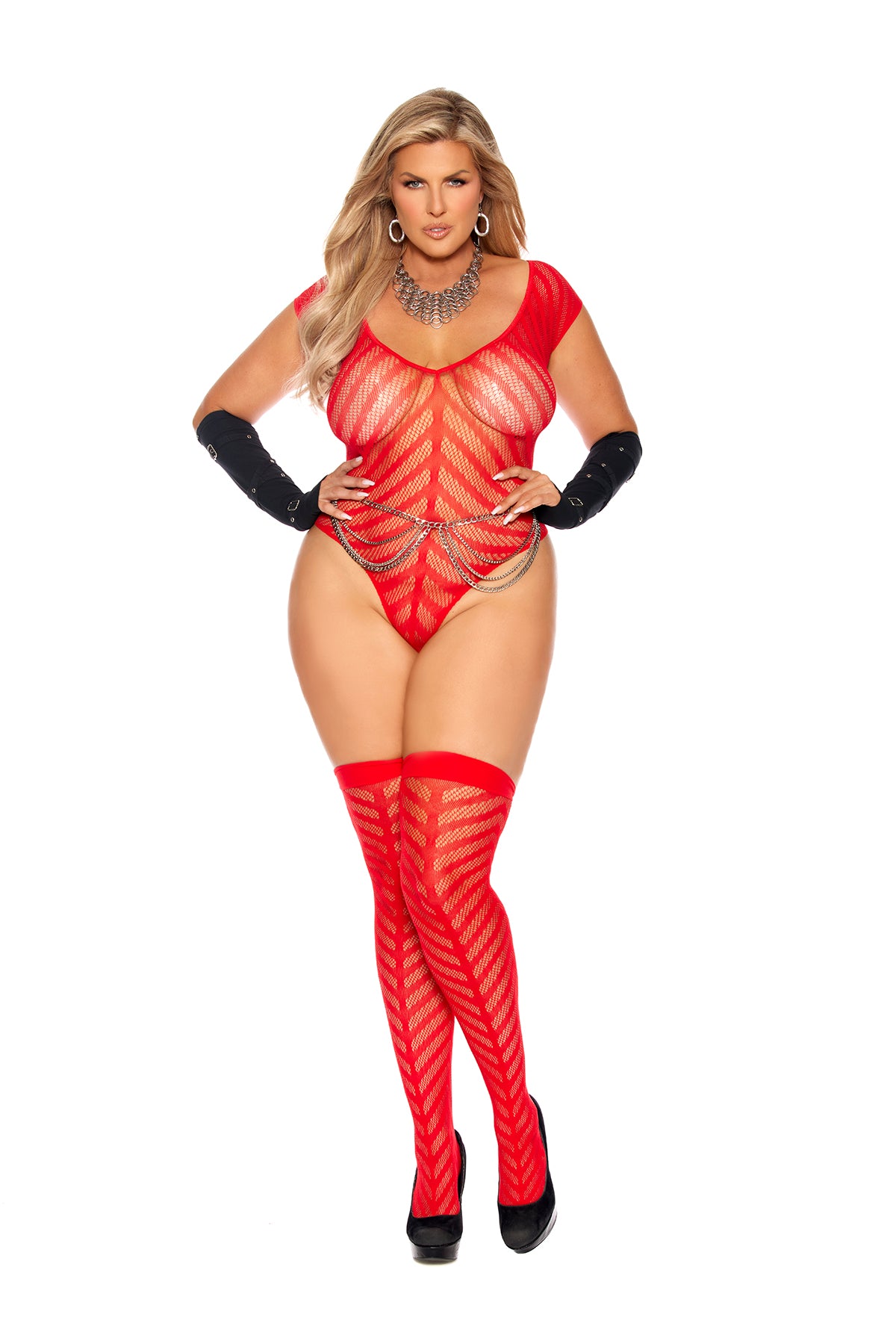 Elegant Moments Queen Size Red Chevron Striped Crochet Deep V Teddy And Matching Stockings