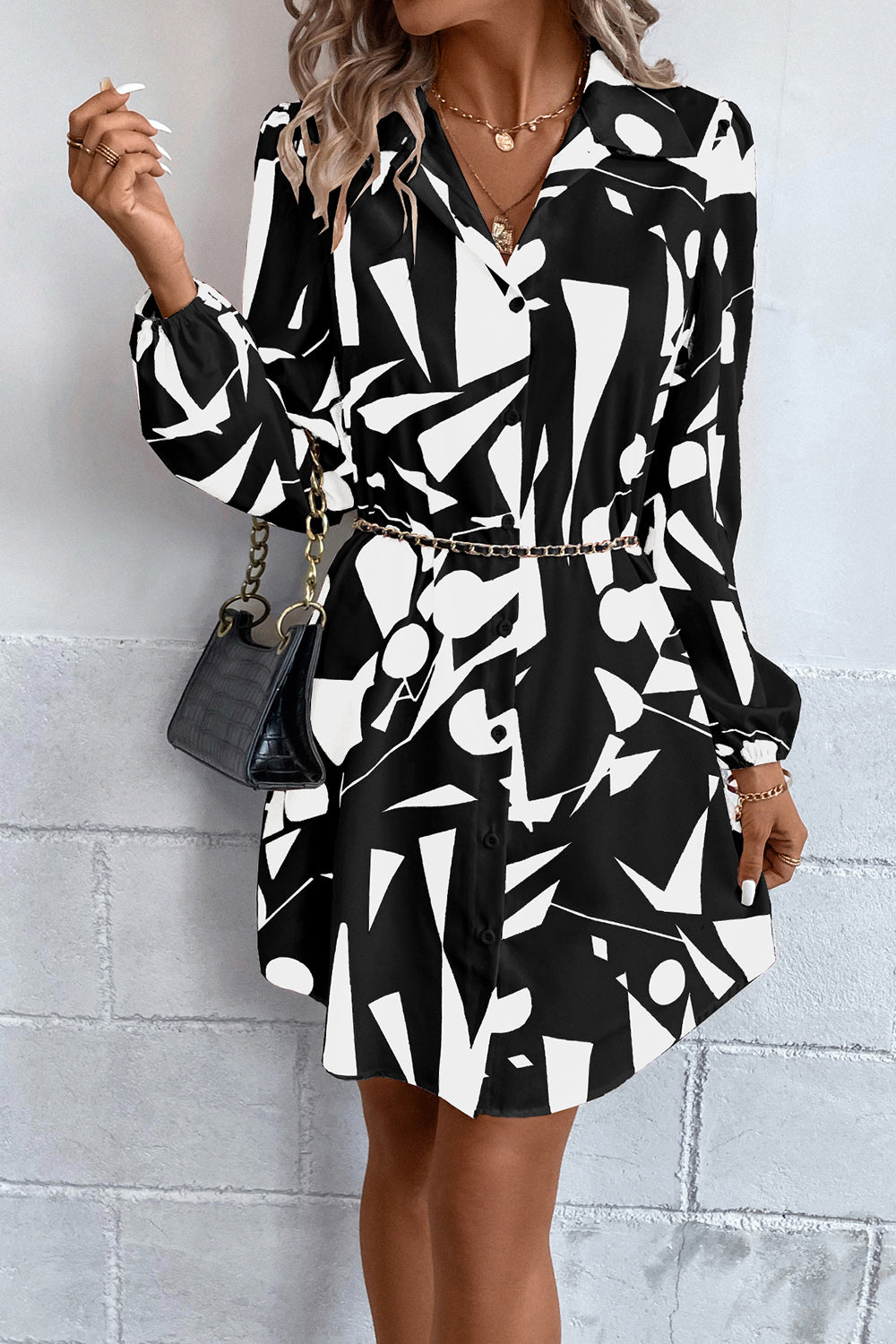 Geometric Long Sleeve Shirt Dress ccw