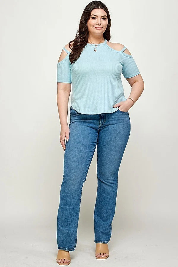 Dusty Blue Plus Size Solid Ribbed Cold Shoulder Top ccw