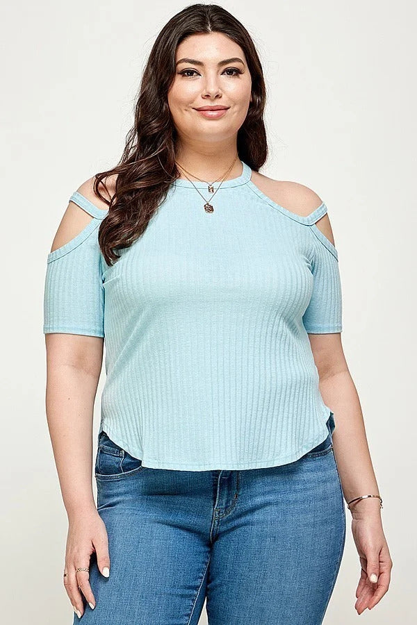 Dusty Blue Plus Size Solid Ribbed Cold Shoulder Top ccw