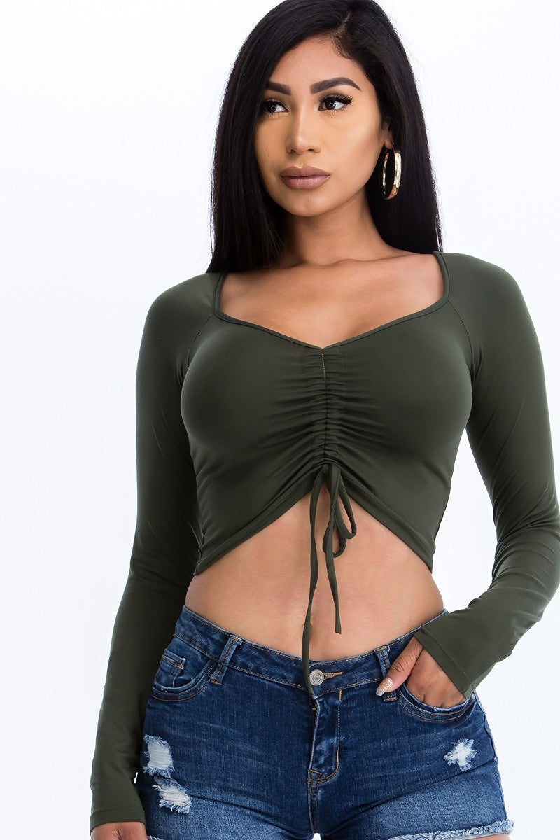 Olive Ruched Drawstring Long Sleeve Crop Top ccw