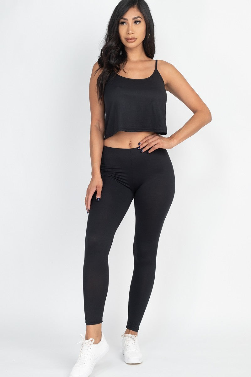 Women's black spaghetti strap cami top and matching leggings set