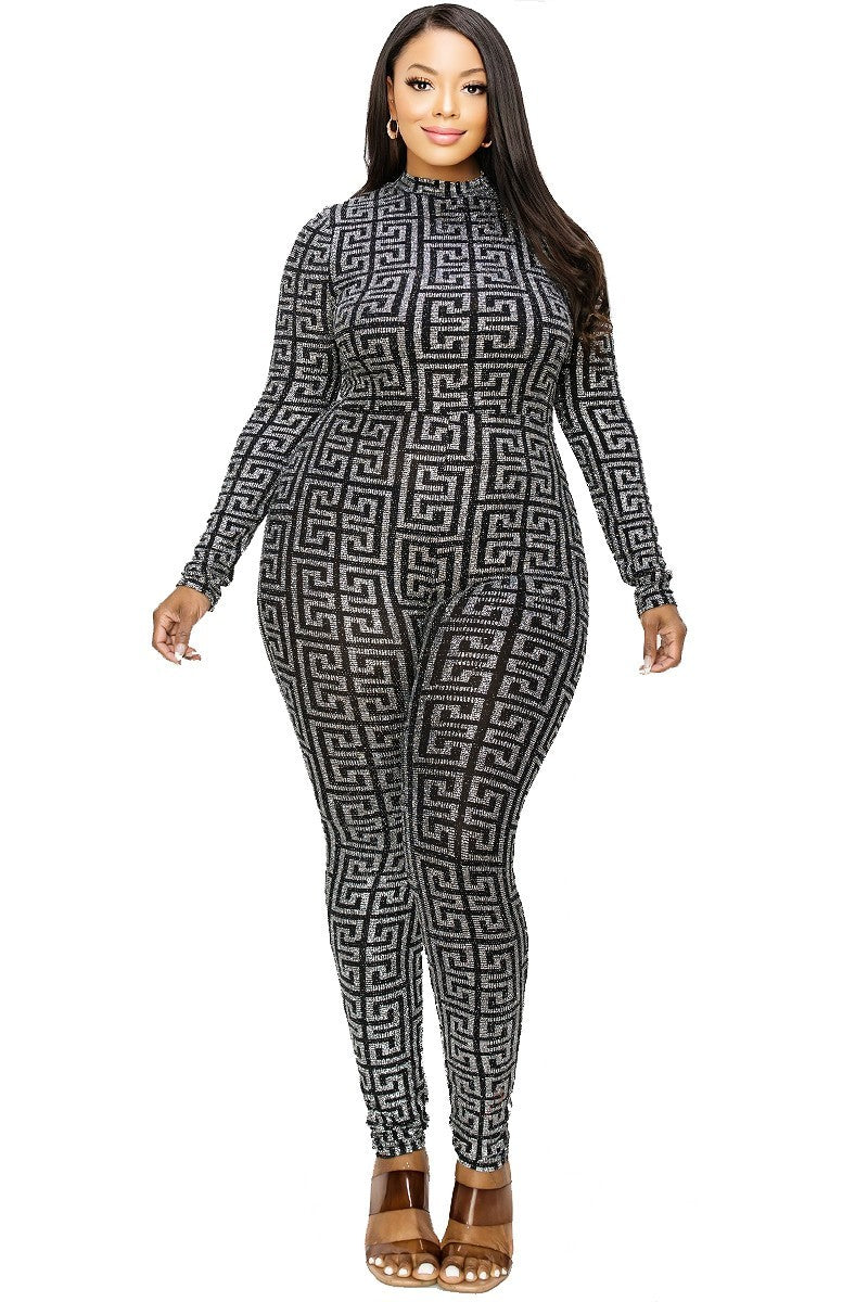 Silver and Black Plus Geometrical Pattern Glitter Printed Jumpsuit ccw