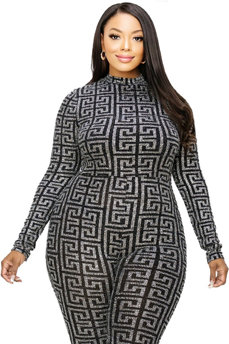 Silver and Black Plus Geometrical Pattern Glitter Printed Jumpsuit ccw