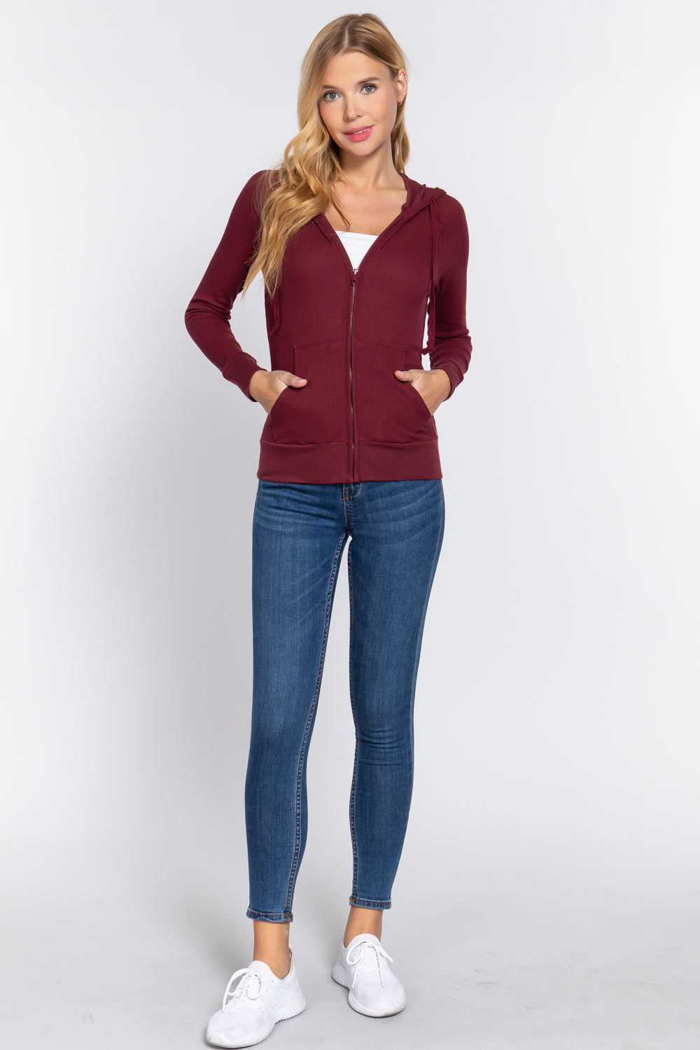 Burgundy Thermal Long Sleeve Zipper Hoodie Jacket ccw