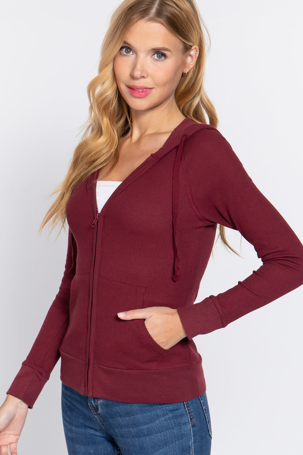 Burgundy Thermal Long Sleeve Zipper Hoodie Jacket ccw