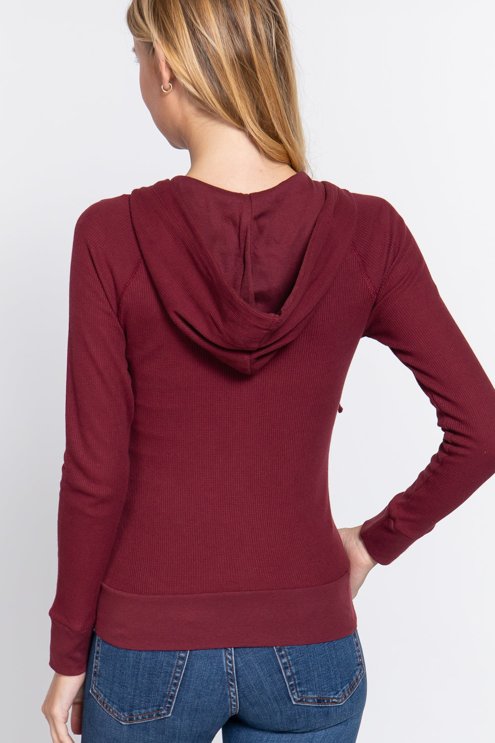 Burgundy Thermal Long Sleeve Zipper Hoodie Jacket ccw