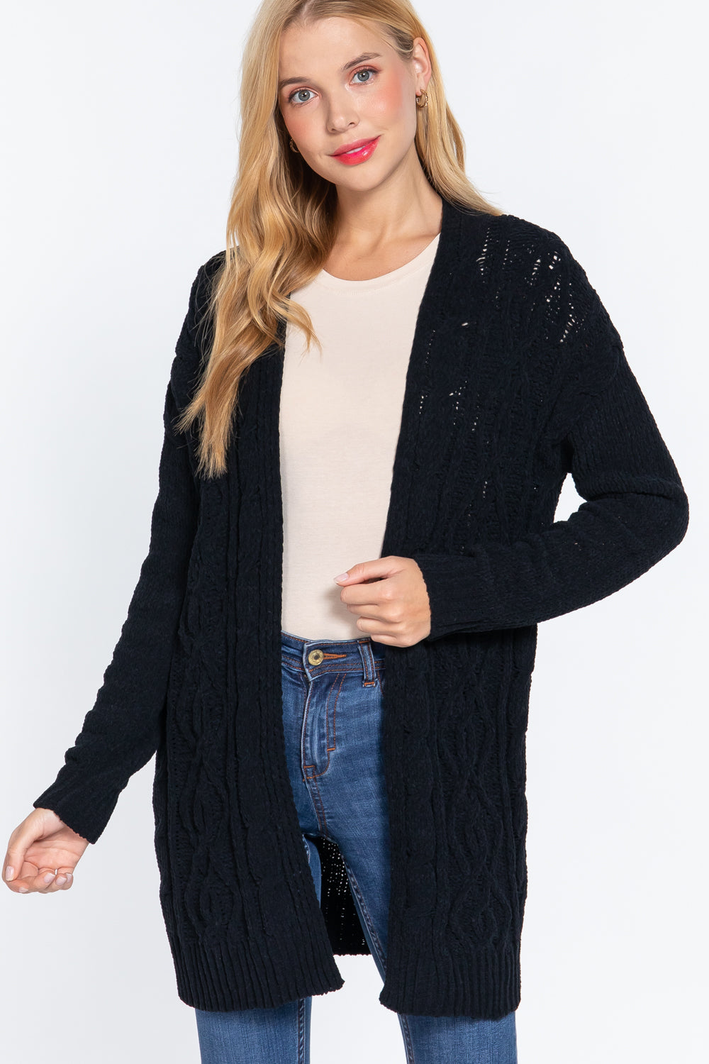 Women's black long sleeve open front chenille cardigan sweater