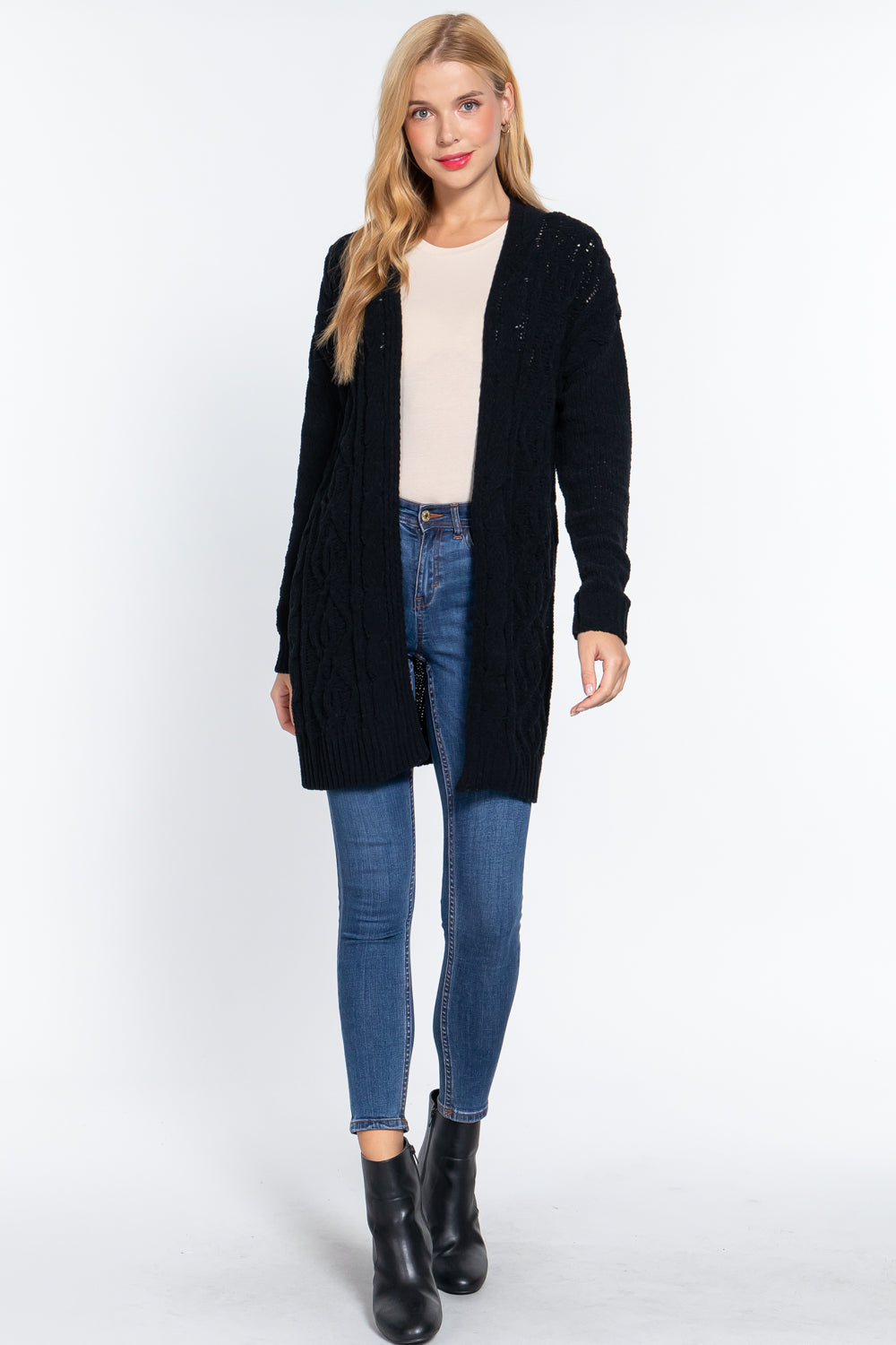 Women's black long sleeve open front chenille cardigan sweater