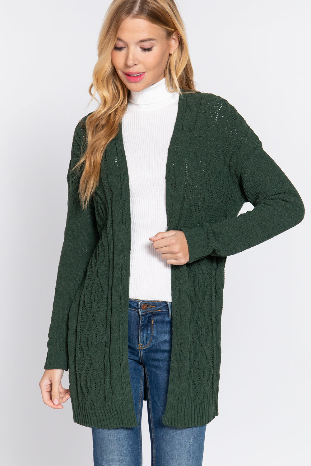 Green Chenille Long Sleeve Sweater Cardigan ccw