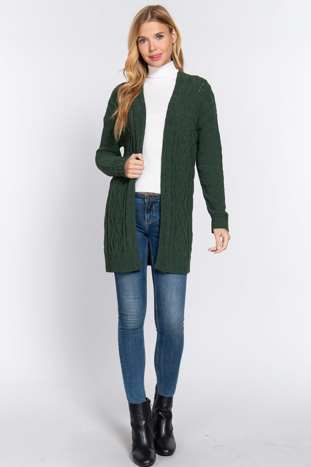 Green Chenille Long Sleeve Sweater Cardigan ccw