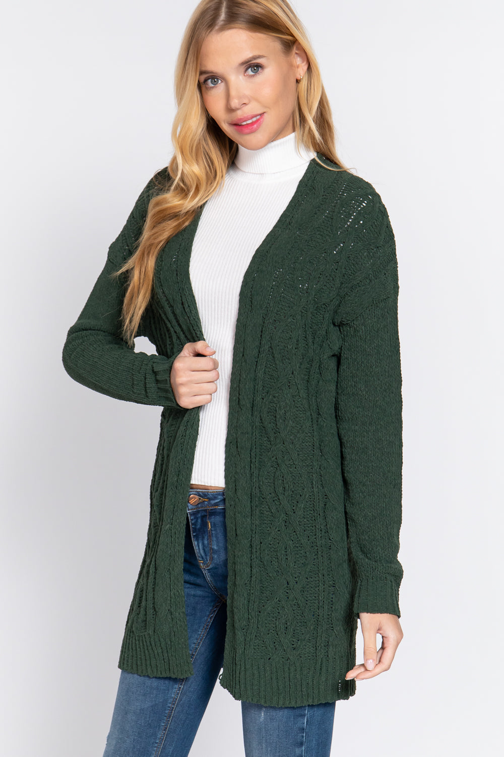 Green Chenille Long Sleeve Sweater Cardigan ccw