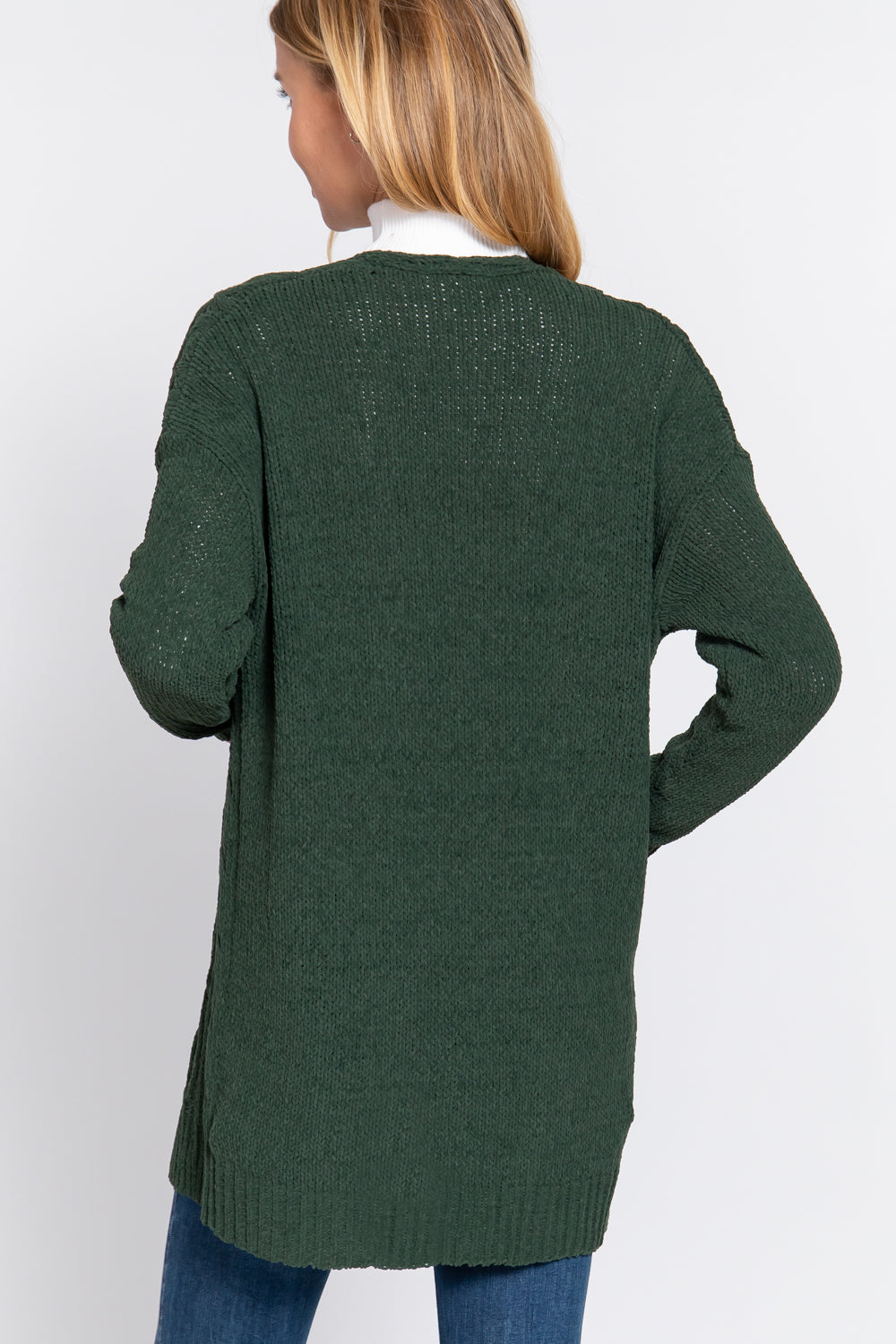 Green Chenille Long Sleeve Sweater Cardigan ccw