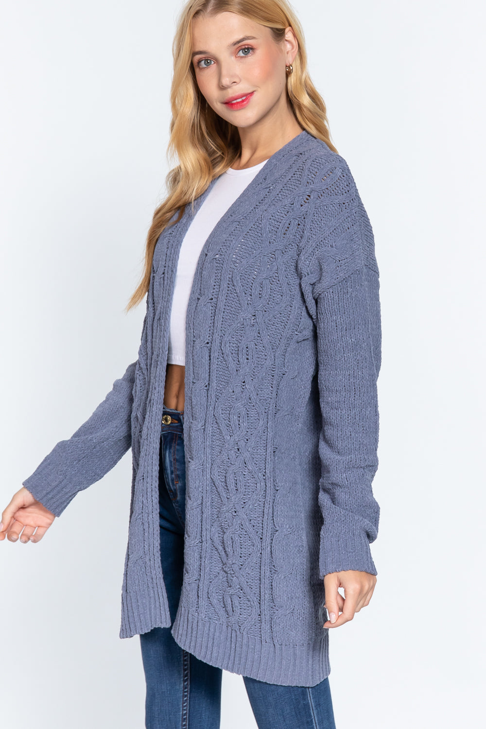 Greyish Blue Chenille Long Sleeve Sweater Cardigan ccw