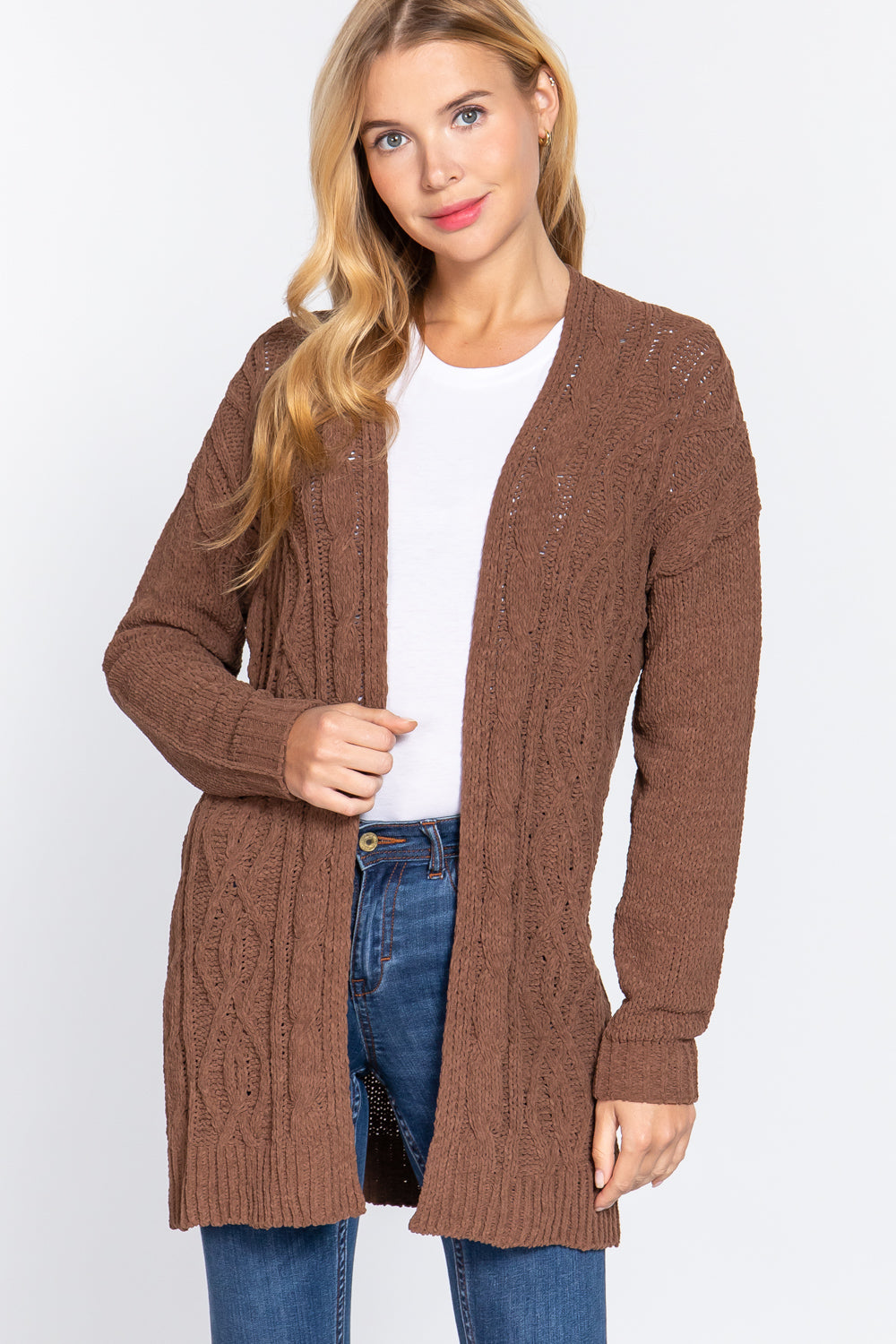 Brown Long Sleeve Chenille Sweater Cardigan ccw