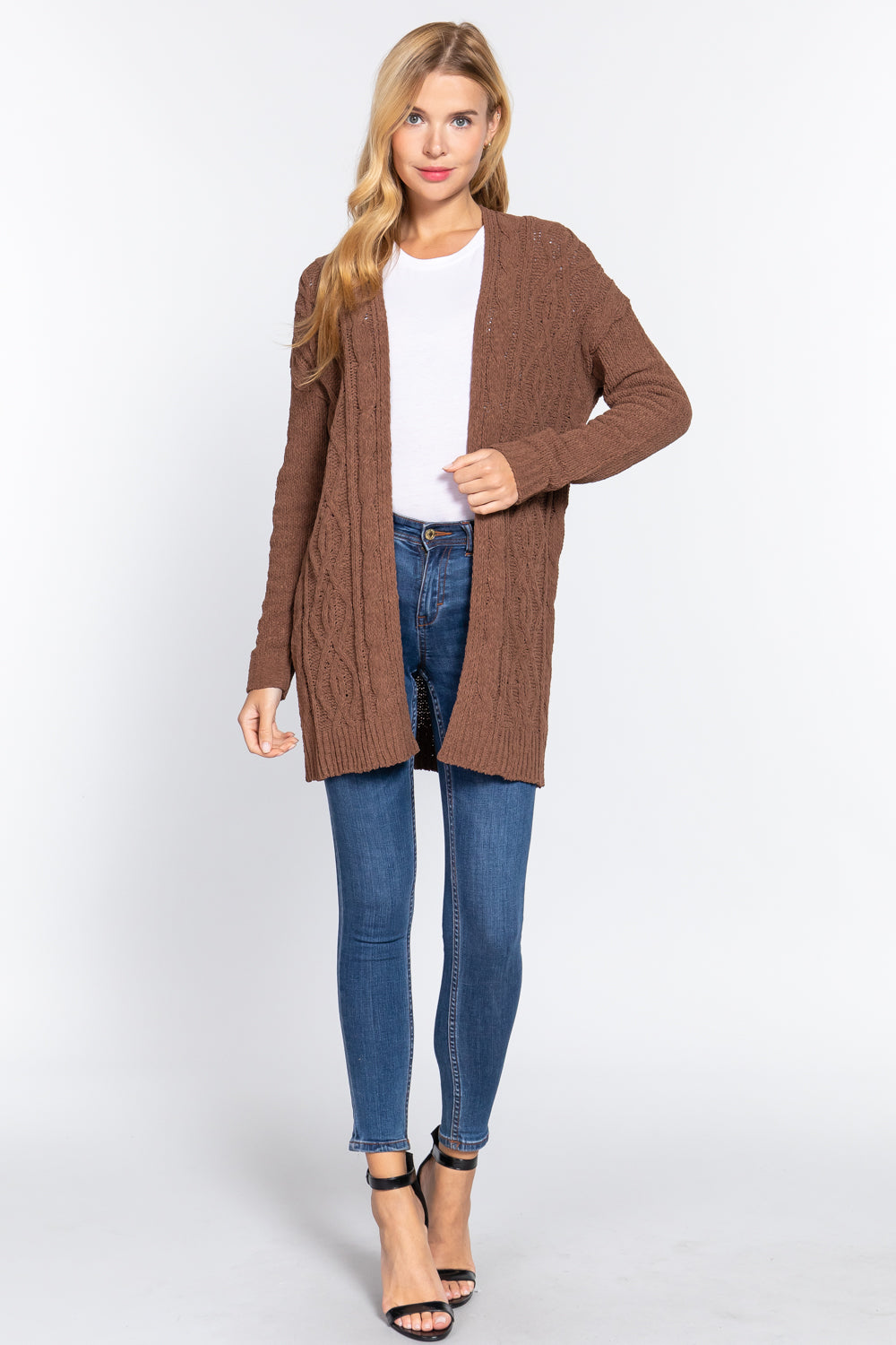 Brown Long Sleeve Chenille Sweater Cardigan ccw