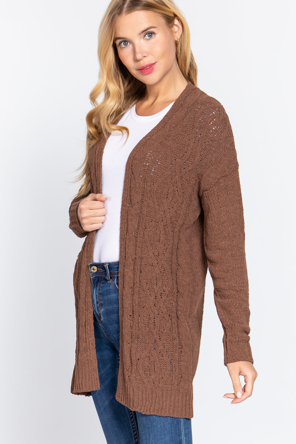 Brown Long Sleeve Chenille Sweater Cardigan ccw