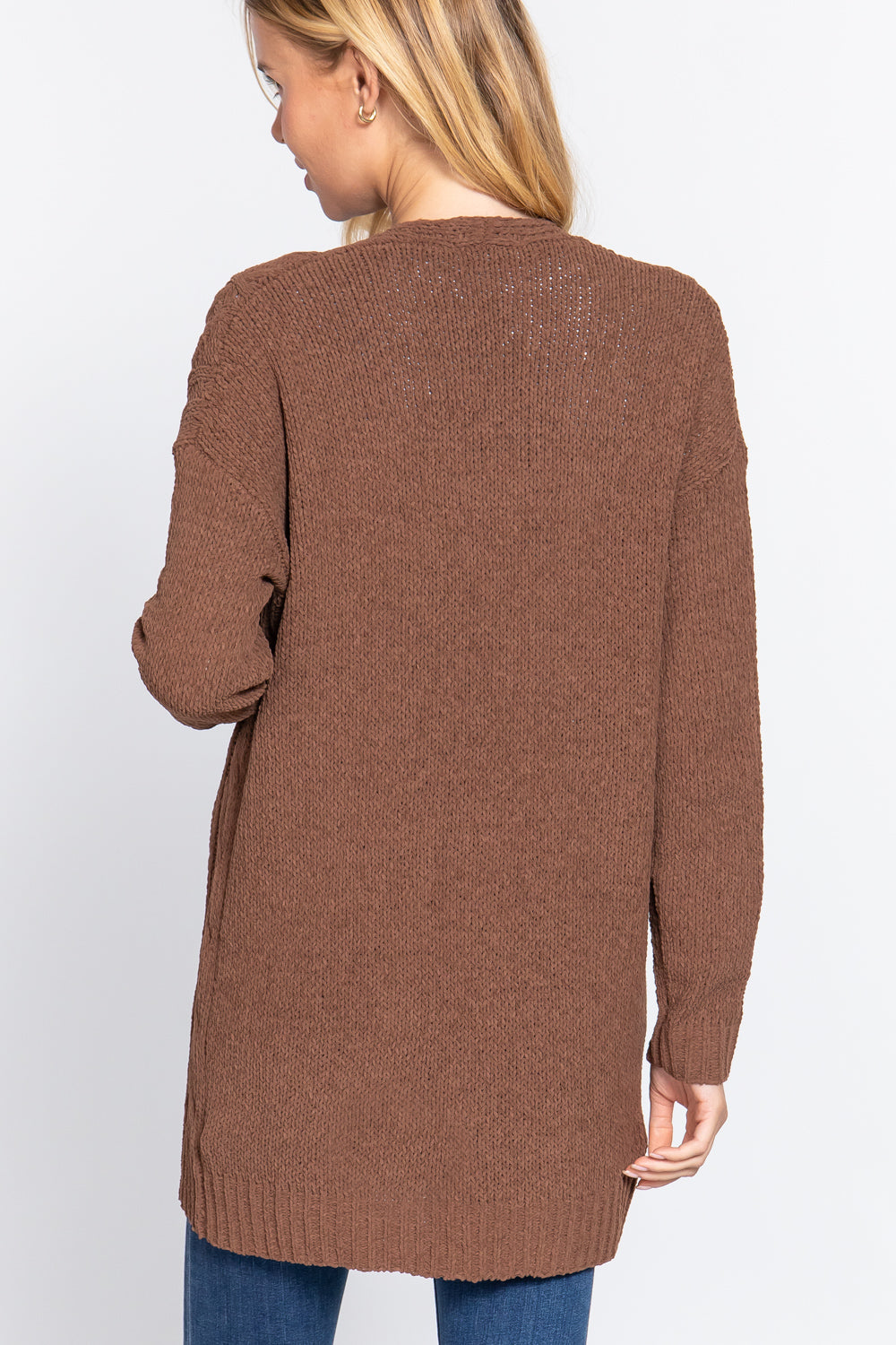 Brown Long Sleeve Chenille Sweater Cardigan ccw