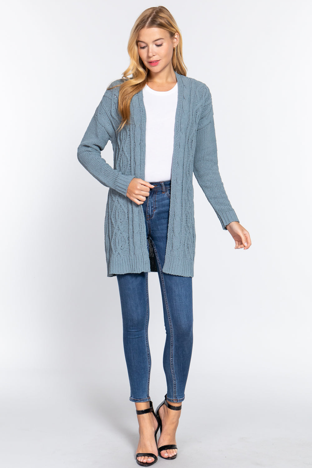 Blue Long Sleeve Chenille Sweater Cardigan ccw
