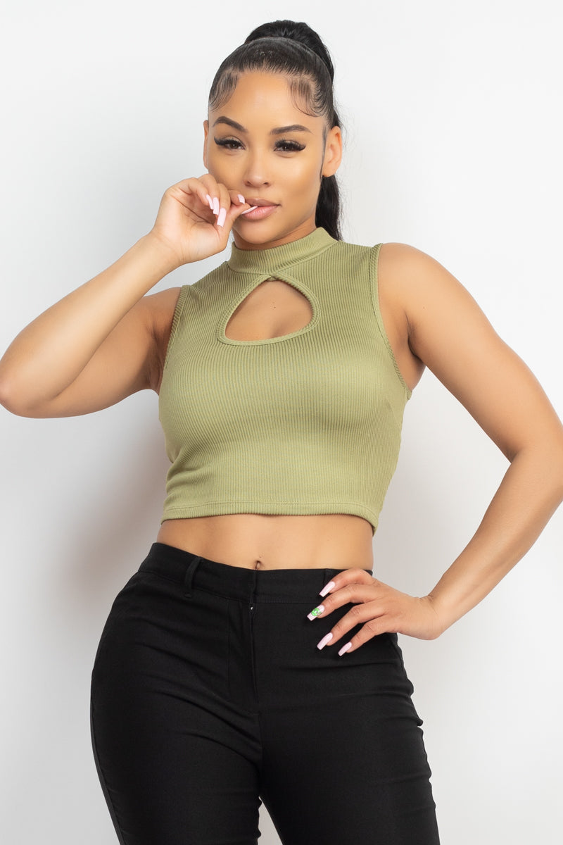Olive Mock Keyhole Front Crop Top ccw