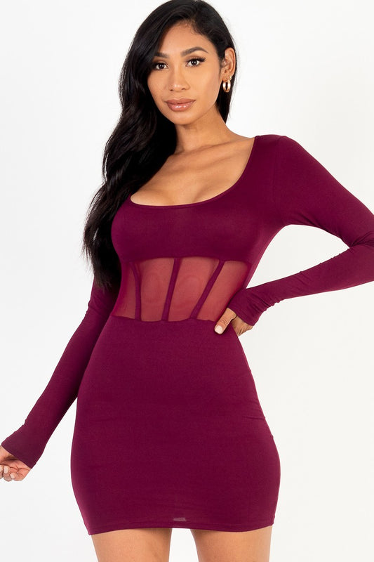 Burgundy Square Neck Mesh Corset Mini Dress ccw