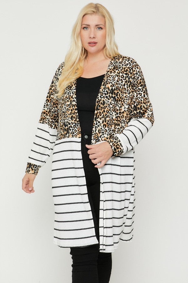 Cheetah Print and Stripes Plus Size Long Sleeve Cardigan ccw