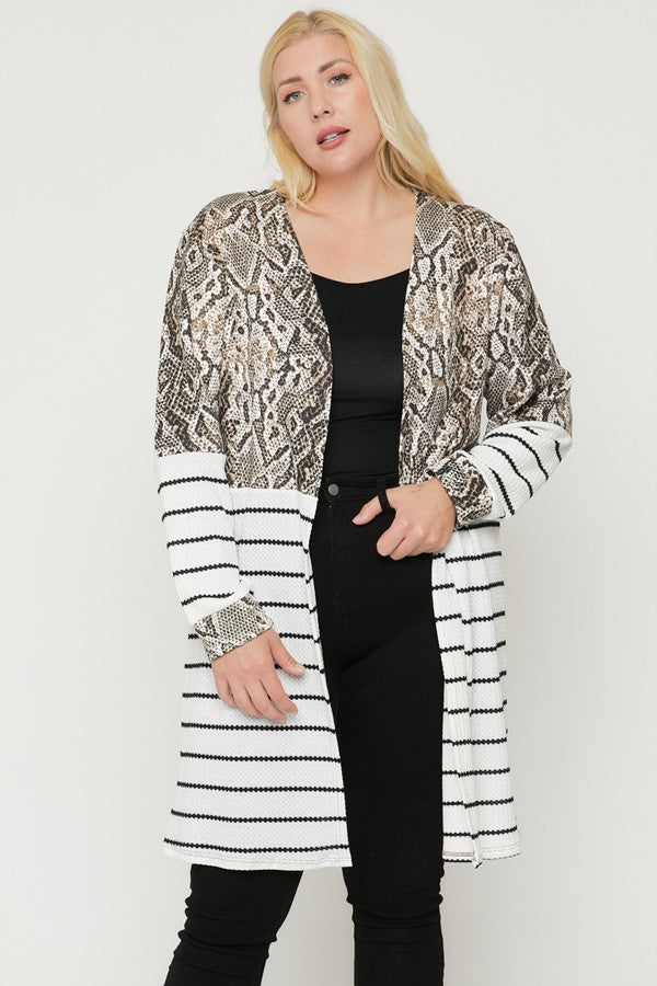 Snake Skin Striped Plus Size Long Sleeves Cardigan ccw