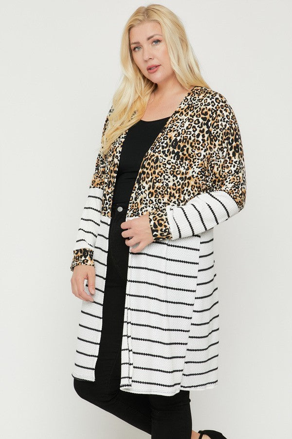 Cheetah Print and Stripes Plus Size Long Sleeve Cardigan ccw