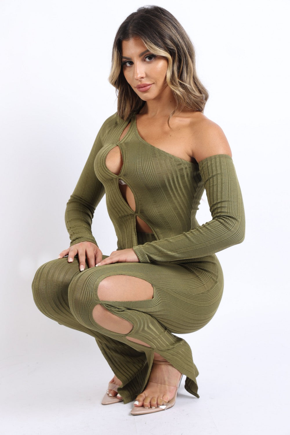 Olive Cutout Top and Bottom Ribbed Set ccw
