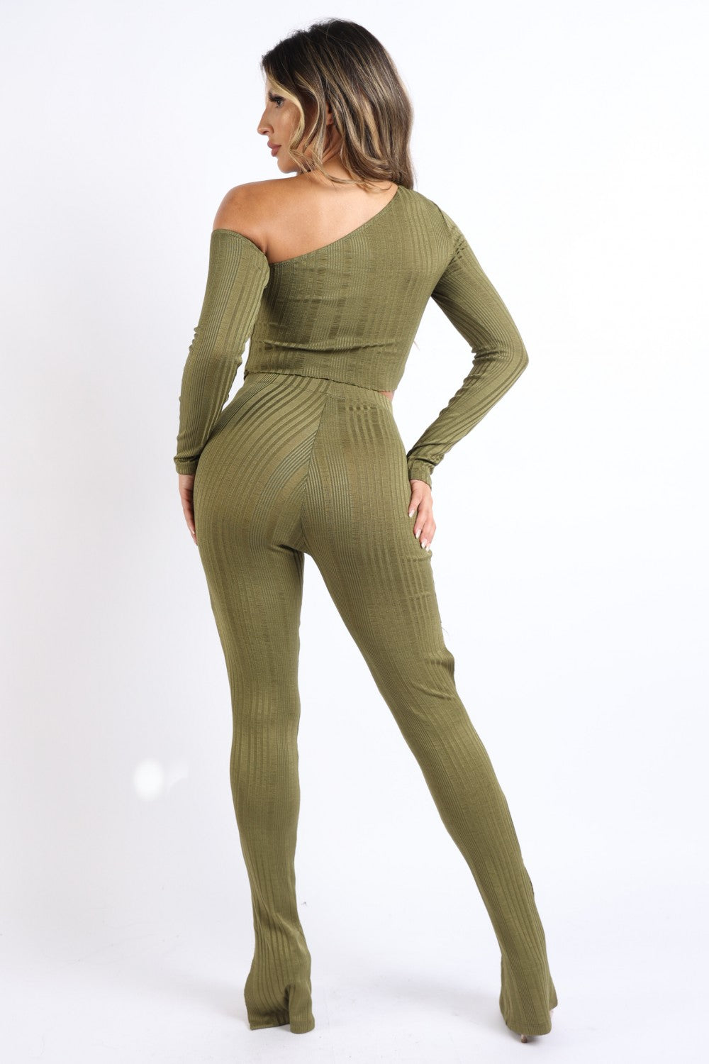 Olive Cutout Top and Bottom Ribbed Set ccw