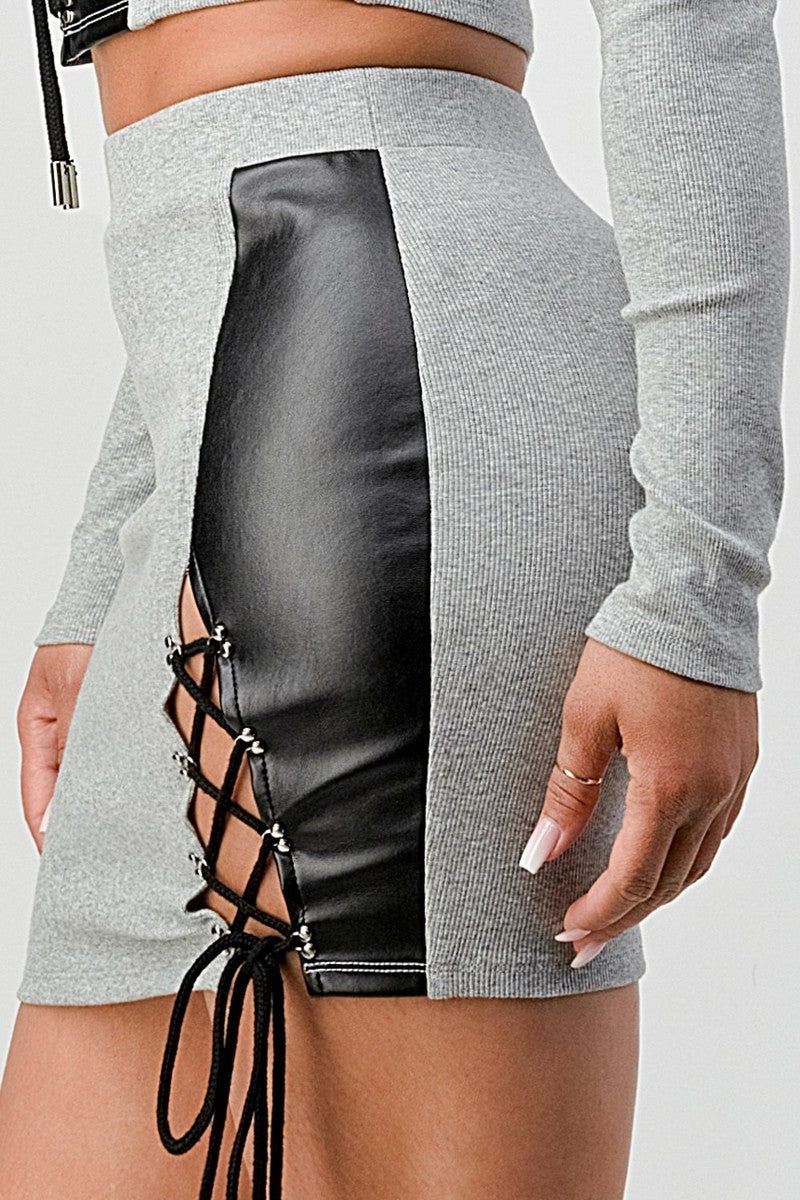 grey and black mini skirt Pu Leather lace up Detail on side