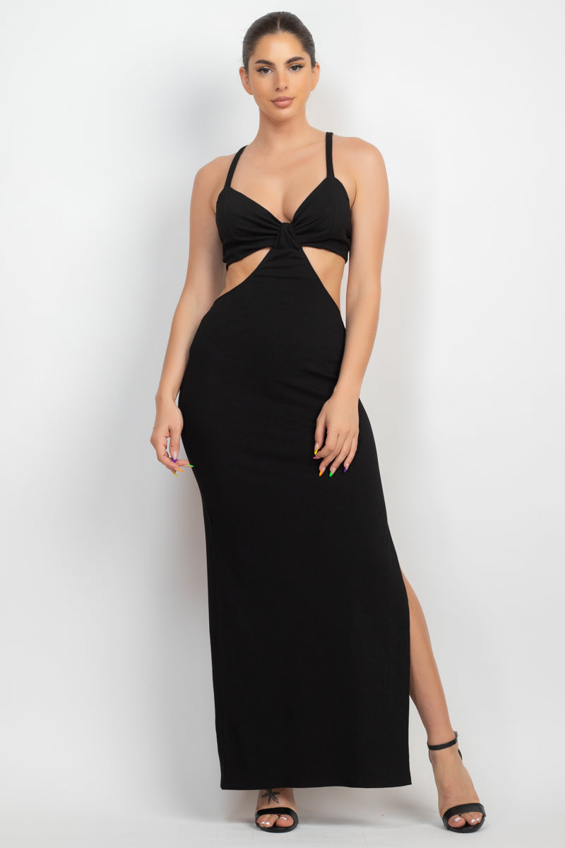 Black V Neck Maxi Dress with Side Slit and Cutouts ccw