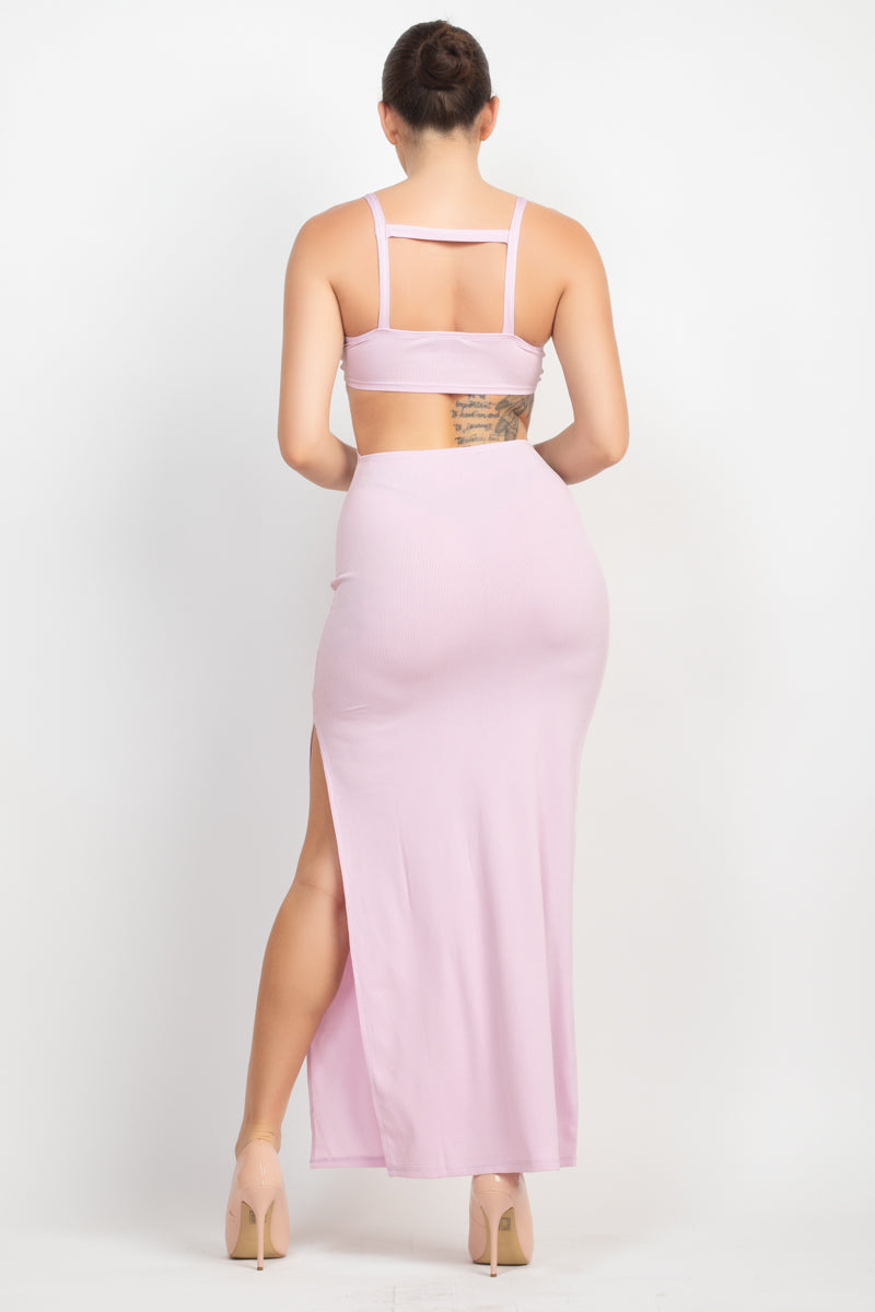 Pink Lavender V Neck Maxi Dress with Side Slit and Cutouts ccw