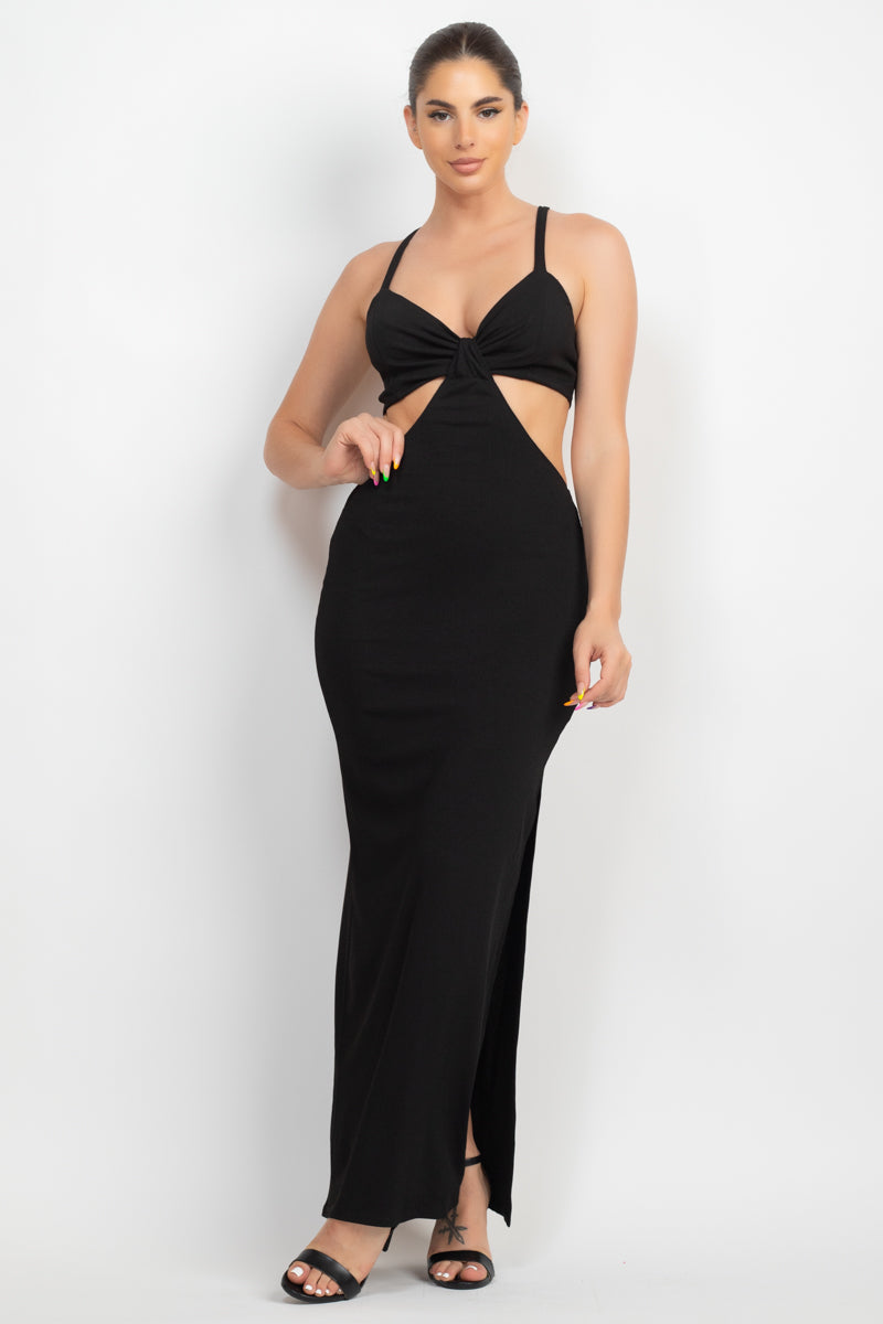 Black V Neck Maxi Dress with Side Slit and Cutouts ccw