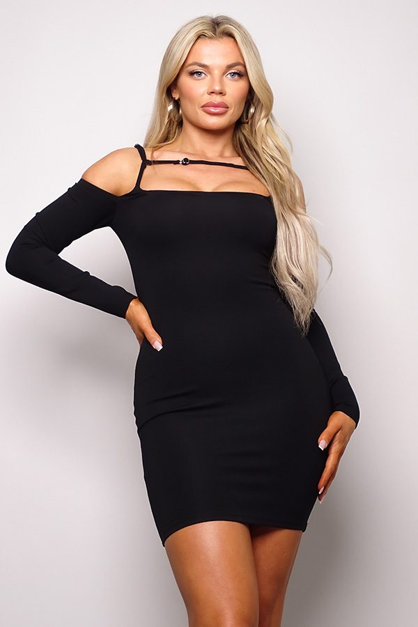 Women's black long sleeve cuff front strap mini dress with cold shoulder detail, adjustable spaghetti strap, front bust strap detail, back zip closure and a mini length