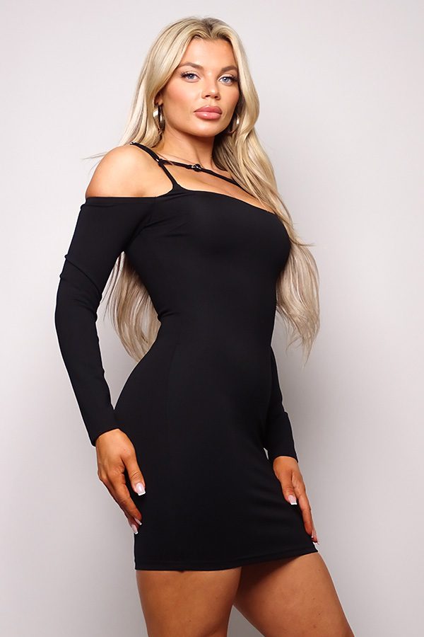 Women's black long sleeve cuff front strap mini dress with cold shoulder detail, adjustable spaghetti strap, front bust strap detail, back zip closure and a mini length