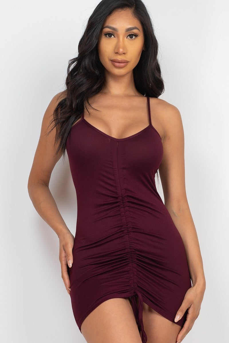 Wine Adjustable Ruched Front Detail Mini Dress ccw